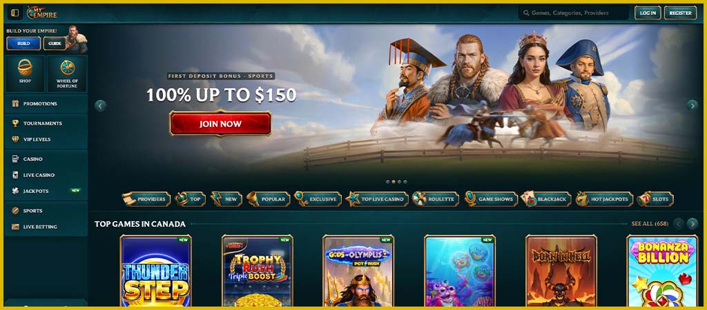 MyEmpire Casino Canada 2026 homepage, MyEmpire online casino review
