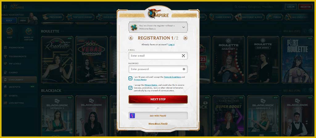MyEmpire Casino registration and login, MyEmpire account sign up Canada