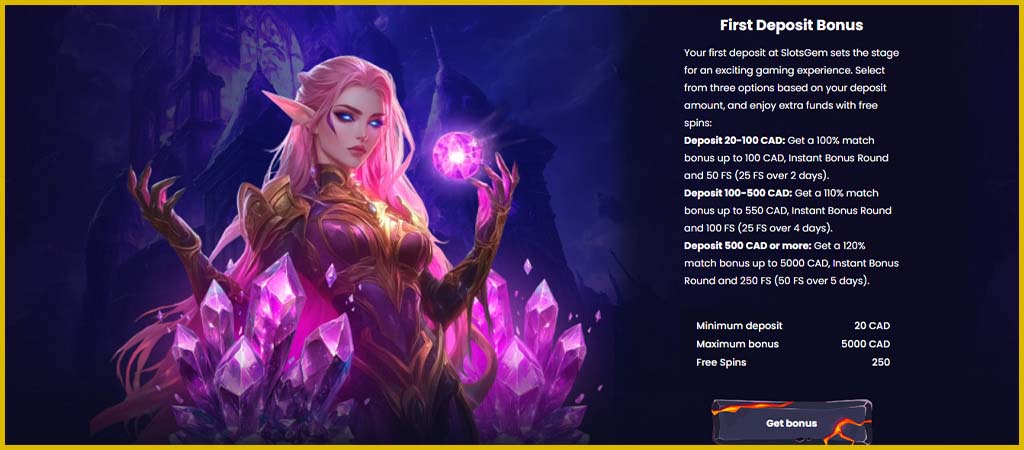 SlotsGem welcome bonus, SlotsGem Casino welcome offer Canada