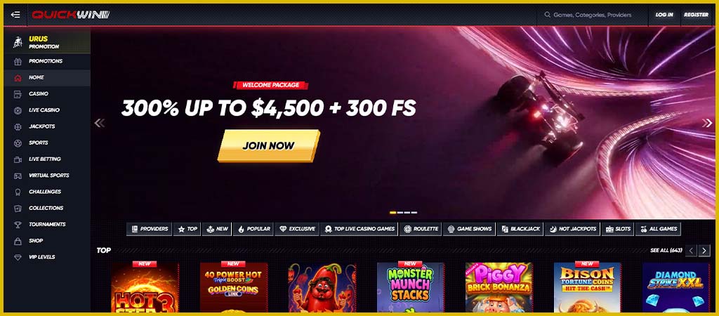 QuickWin Casino Canada website, QuickWin casino homepage interface