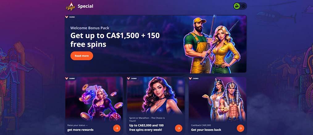 V.Vegas all Bonuses, Promotions for canadian players, cashback bounses, reload bonuses, welcome packages